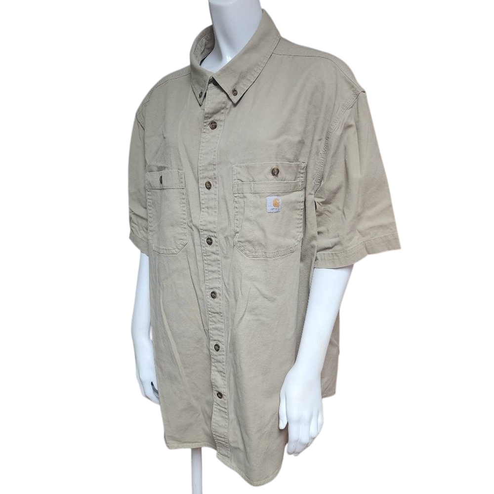 Carhartt Relaxed Fit Khaki Tan Short Sleeve Button Down Shirt (2XL)